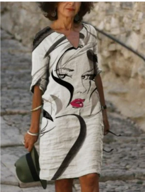 Women's Printed Linen Blend V-Neck Midi Shift Dress