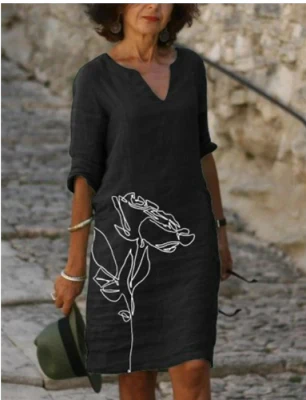 Women's Printed Linen Blend V-Neck Midi Shift Dress