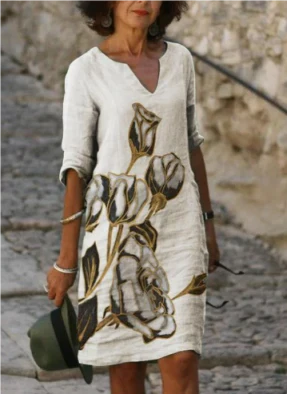 Women's Printed Linen Blend V-Neck Midi Shift Dress