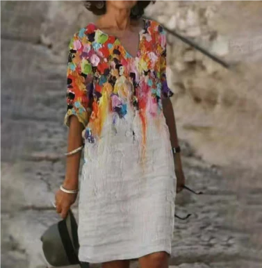 Women's Printed Linen Blend V-Neck Midi Shift Dress