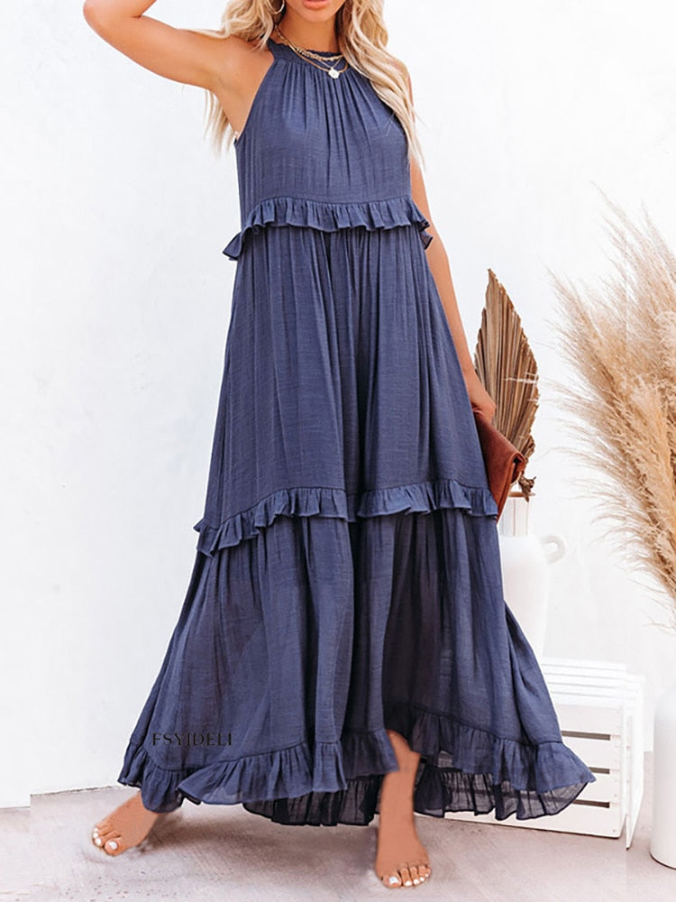 Women's Maxi Dress Summer Fashion Breathable Cotton Linen Tiered Sleeveless Gown