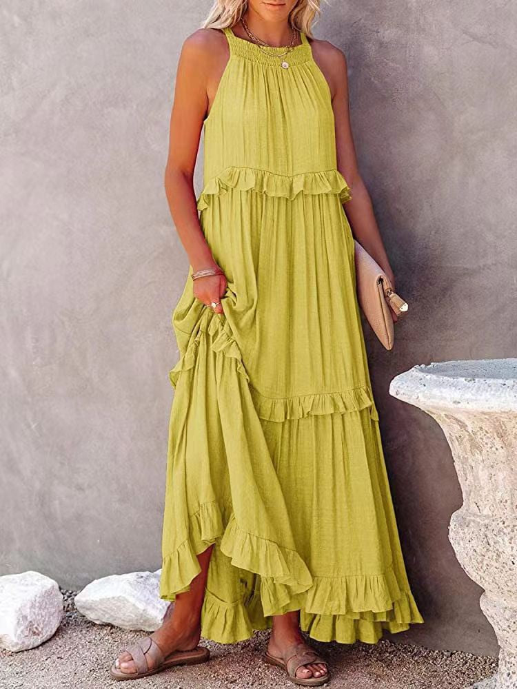 Women's Maxi Dress Summer Fashion Breathable Cotton Linen Tiered Sleeveless Gown