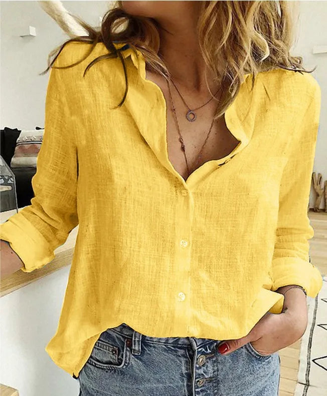 Cotton Linen Women's Shirt Summer Casual Long Sleeve Blouse