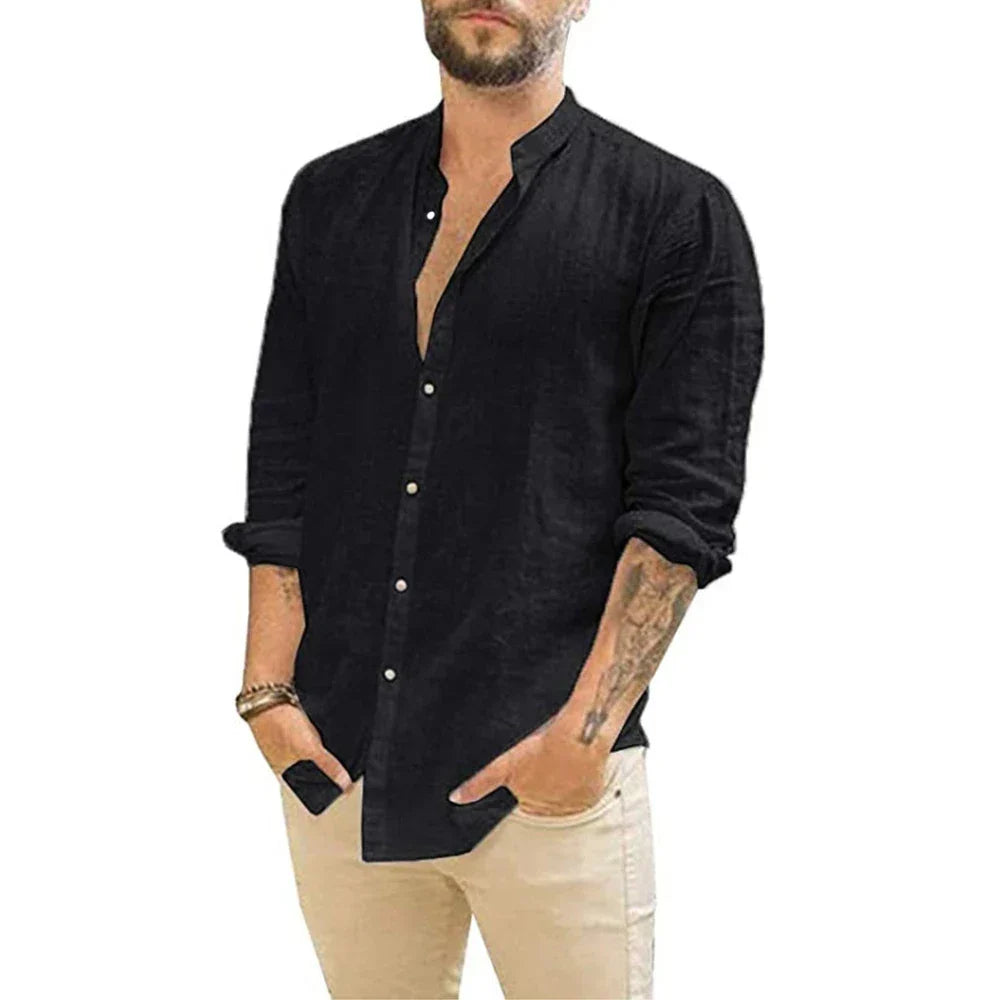 Linen Men Shirt Summer Casual Button Down Long Sleeve Breathable Beach Tops
