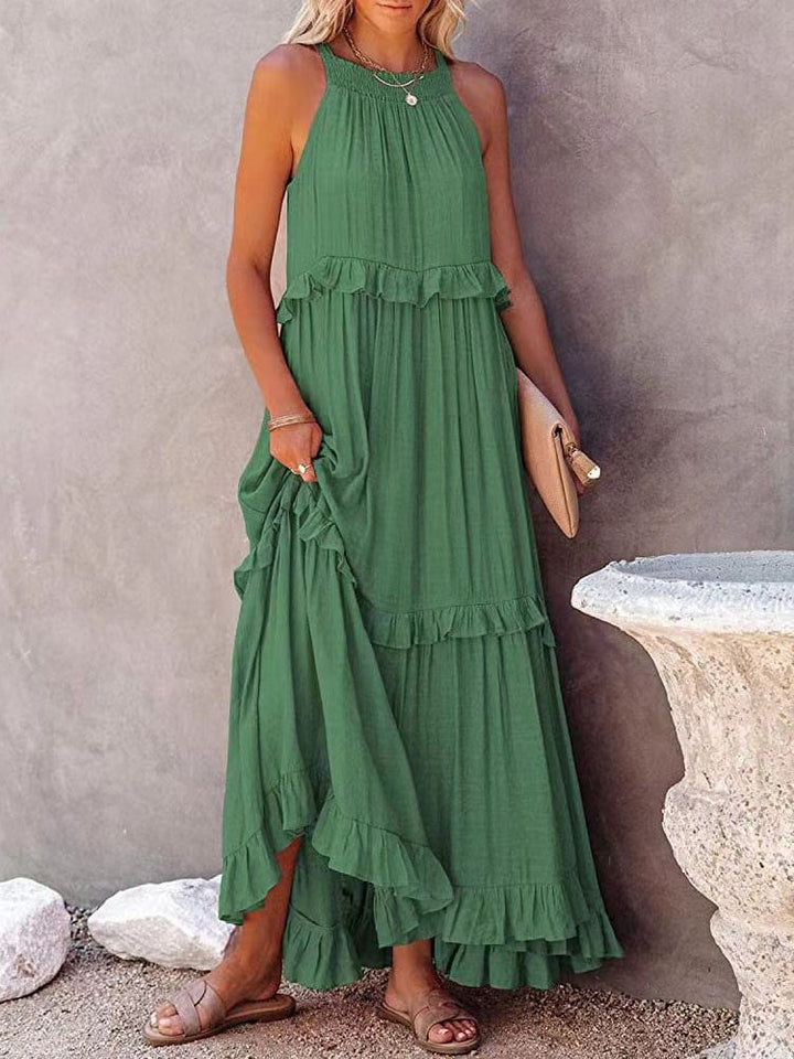 Women's Maxi Dress Summer Fashion Breathable Cotton Linen Tiered Sleeveless Gown
