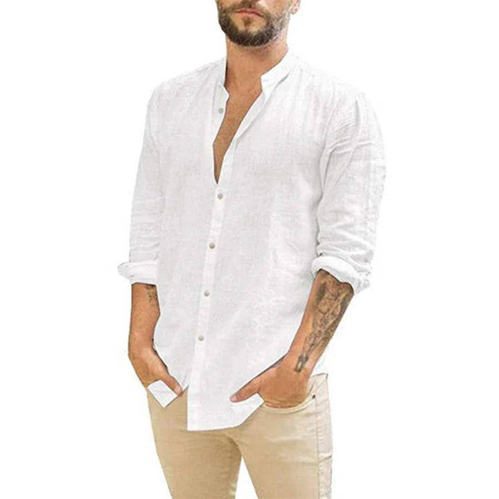 Men's Linen Shirt Summer Casual Band Collar Beach Top