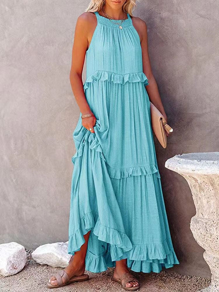Women's Maxi Dress Summer Fashion Breathable Cotton Linen Tiered Sleeveless Gown