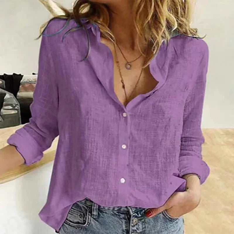 Cotton Linen Women's Shirt Summer Casual Long Sleeve Blouse