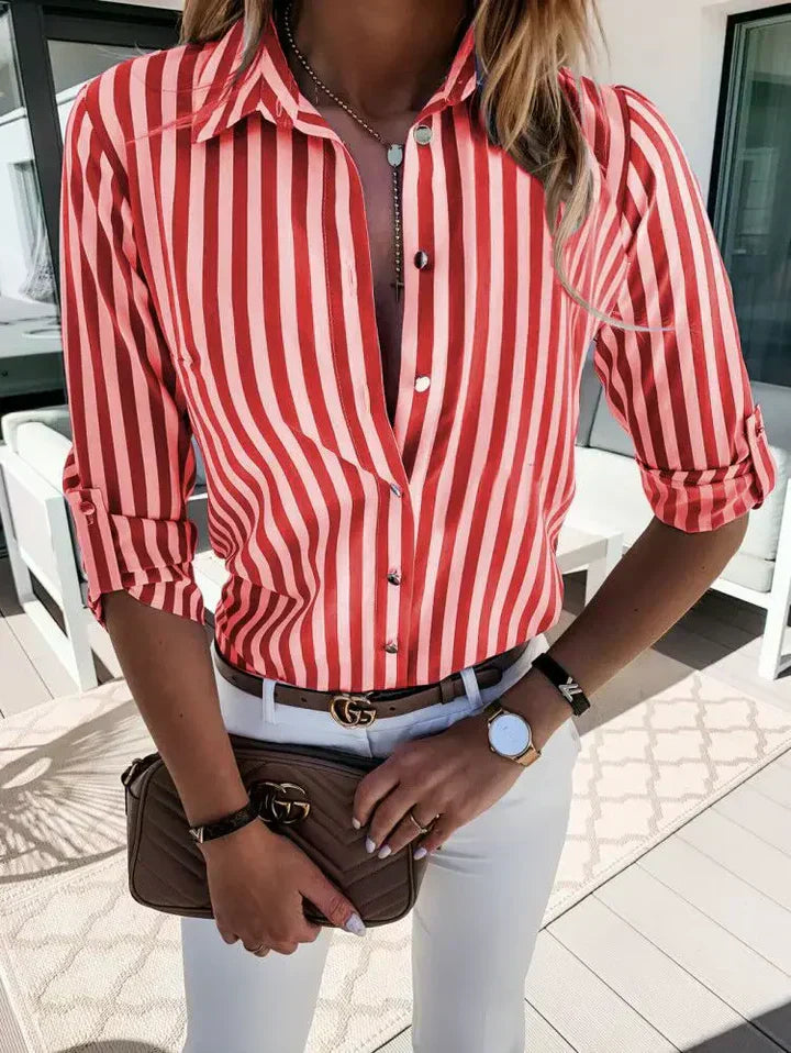 Cotton Striped Shirt Women's Summer Long Sleeve Button Up Blouse