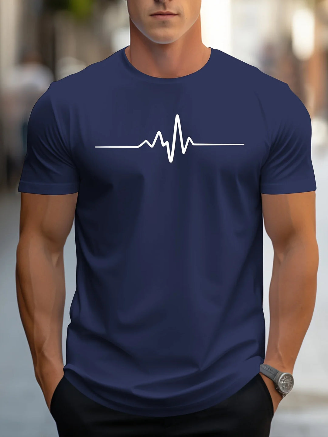 T-Shirt Men's Cotton Graphic Heartbeat Tee Summer Casual Crew Neck Tops