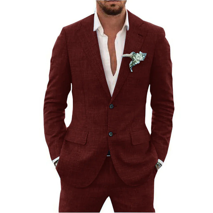 Men's Linen Blend 2-Piece Suit Set Slim Fit Formal Jacket and Trousers Tailored