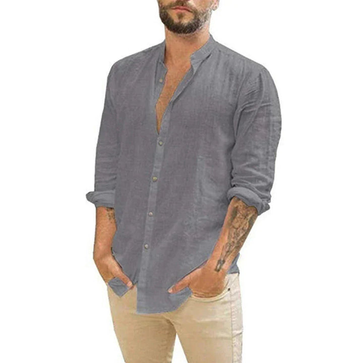 Men's Linen Shirt Summer Casual Band Collar Beach Top