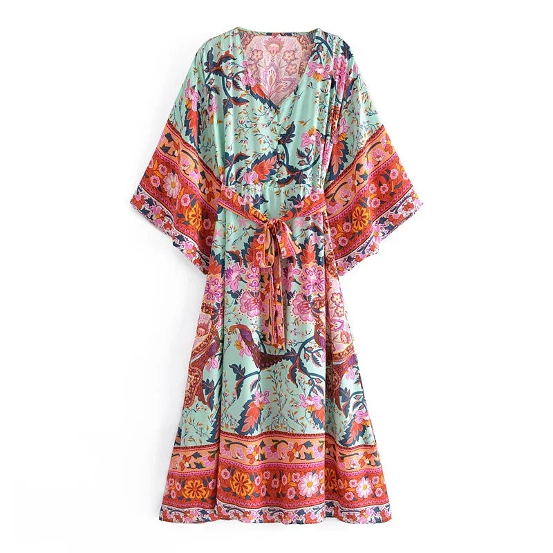 Summer Cotton Boho Kimono Maxi Dress Ladies Batwing Floral Beach Kaftan