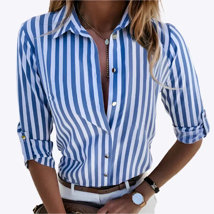 Cotton Striped Shirt Women's Summer Long Sleeve Button Up Blouse