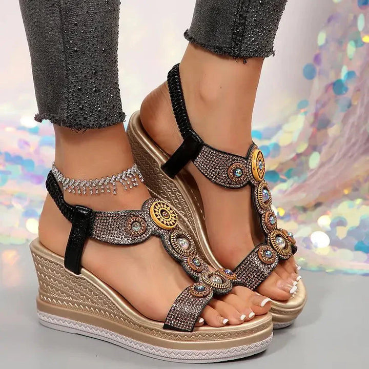 Wedge Sandals Women's Faux Leather Jewelled Platform Summer Strappy Shoes