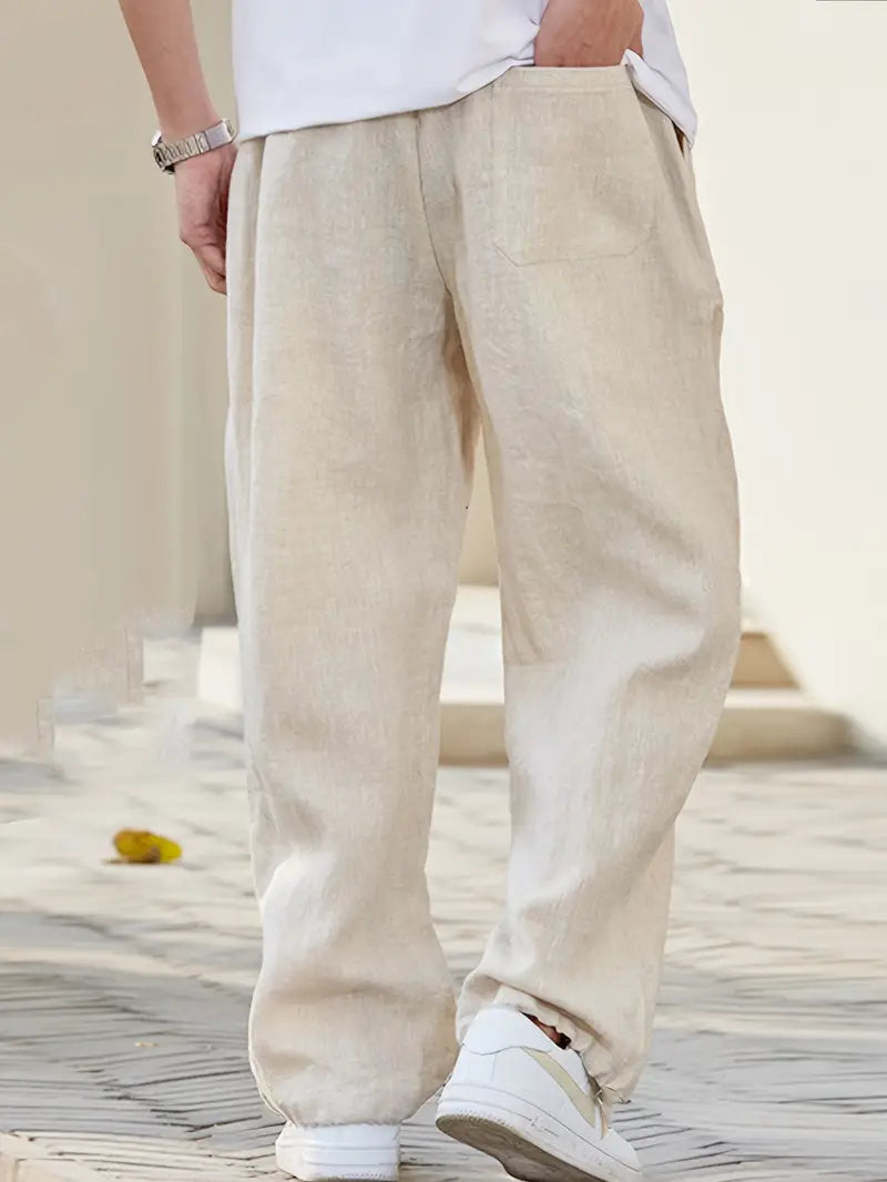 Men's Cotton Linen Trousers Relaxed Fit Wide Leg Casual Pants for Summer