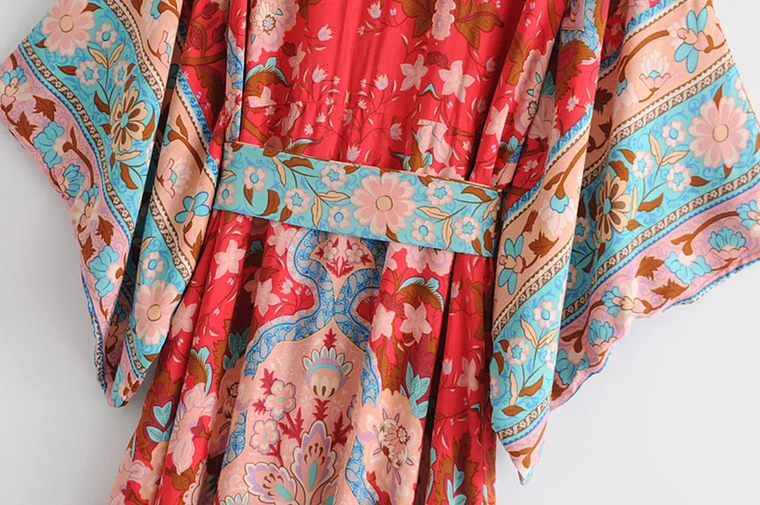 Summer Cotton Boho Kimono Maxi Dress Ladies Batwing Floral Beach Kaftan