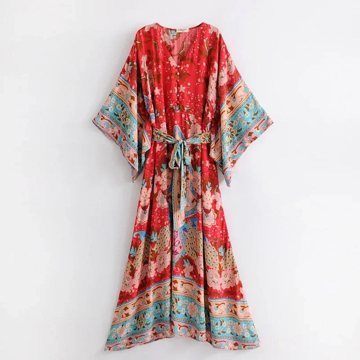 Summer Cotton Boho Kimono Maxi Dress Ladies Batwing Floral Beach Kaftan
