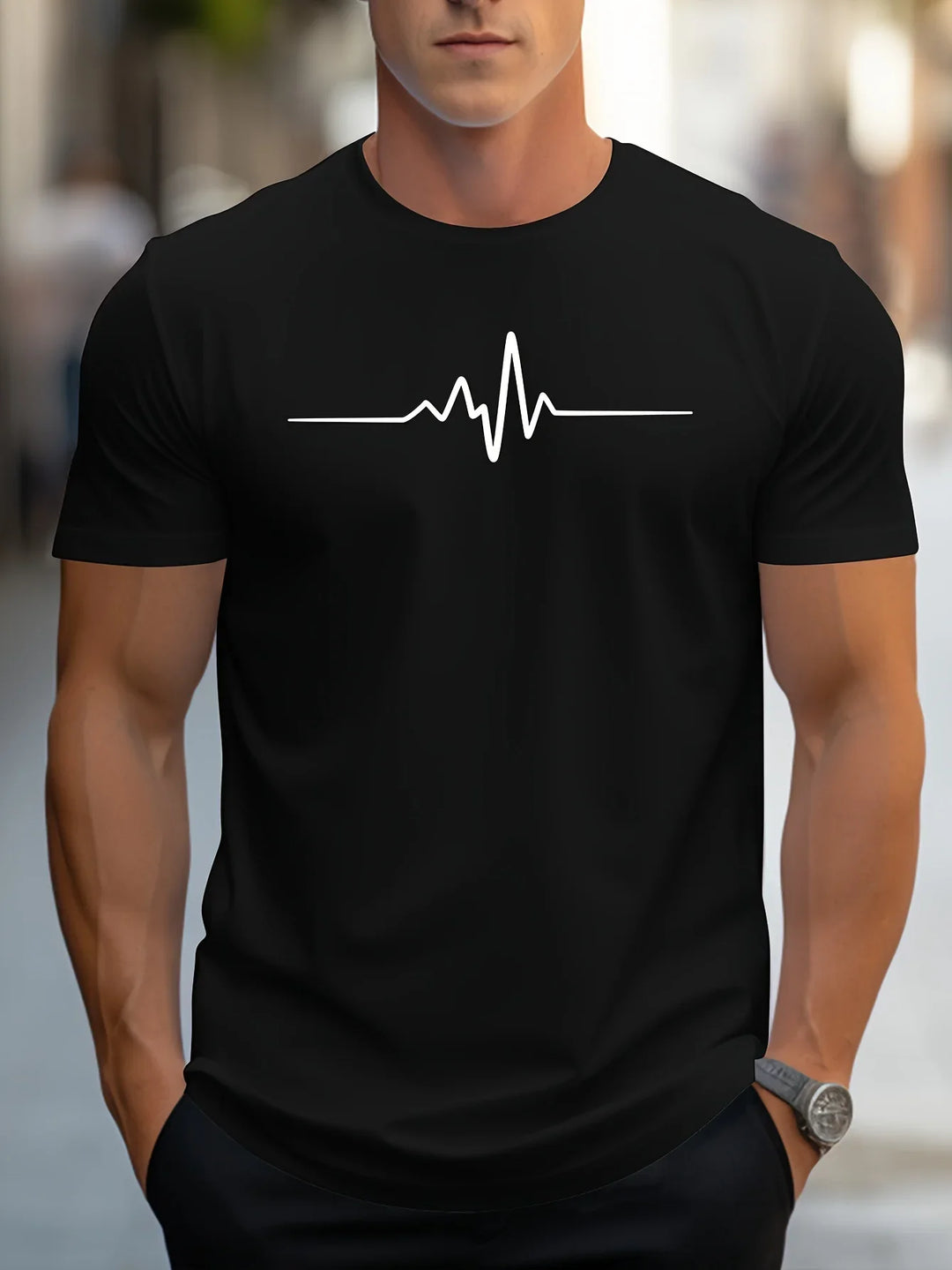 T-Shirt Men's Cotton Graphic Heartbeat Tee Summer Casual Crew Neck Tops