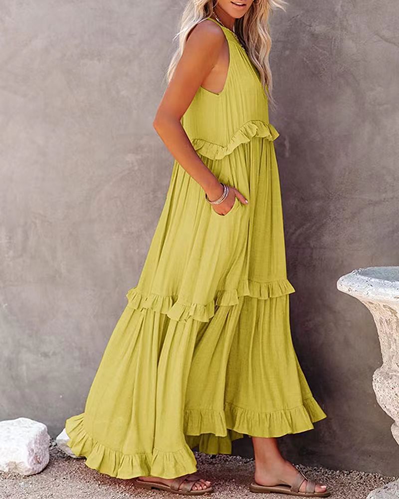 Women's Maxi Dress Summer Fashion Breathable Cotton Linen Tiered Sleeveless Gown