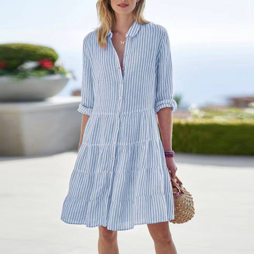 Shirt Dress Women's Linen Blend Striped Tiered Mini Dress