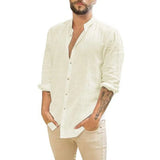 Men's Linen Shirt Summer Casual Band Collar Beach Top