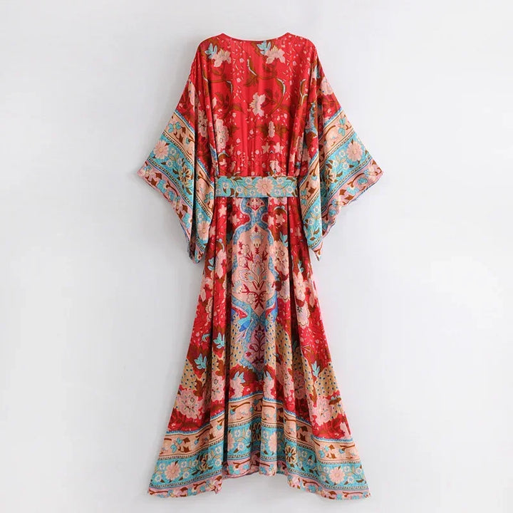 Summer Cotton Boho Kimono Maxi Dress Ladies Batwing Floral Beach Kaftan