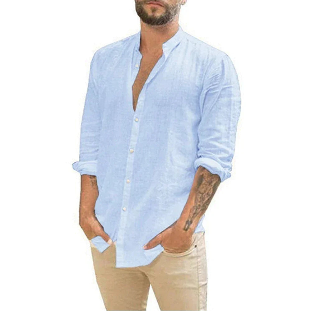 Men's Linen Shirt Summer Casual Band Collar Beach Top