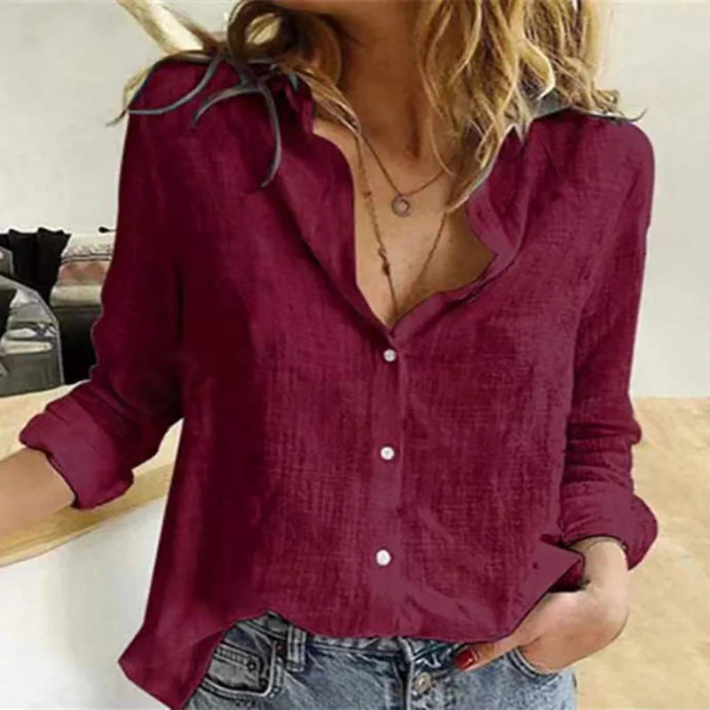 Cotton Linen Women's Shirt Summer Casual Long Sleeve Blouse