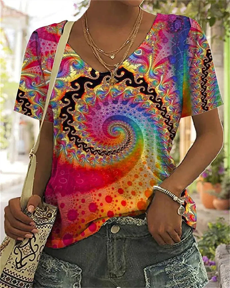 Women's T-Shirt Cotton Fractal Print V-Neck Summer Top