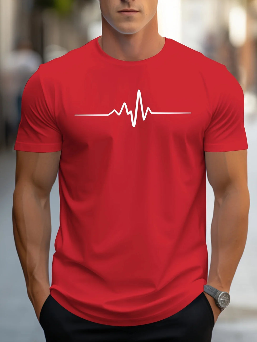 T-Shirt Men's Cotton Graphic Heartbeat Tee Summer Casual Crew Neck Tops