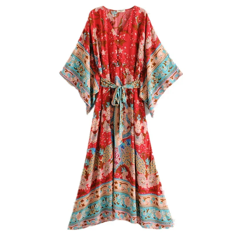 Summer Cotton Boho Kimono Maxi Dress Ladies Batwing Floral Beach Kaftan