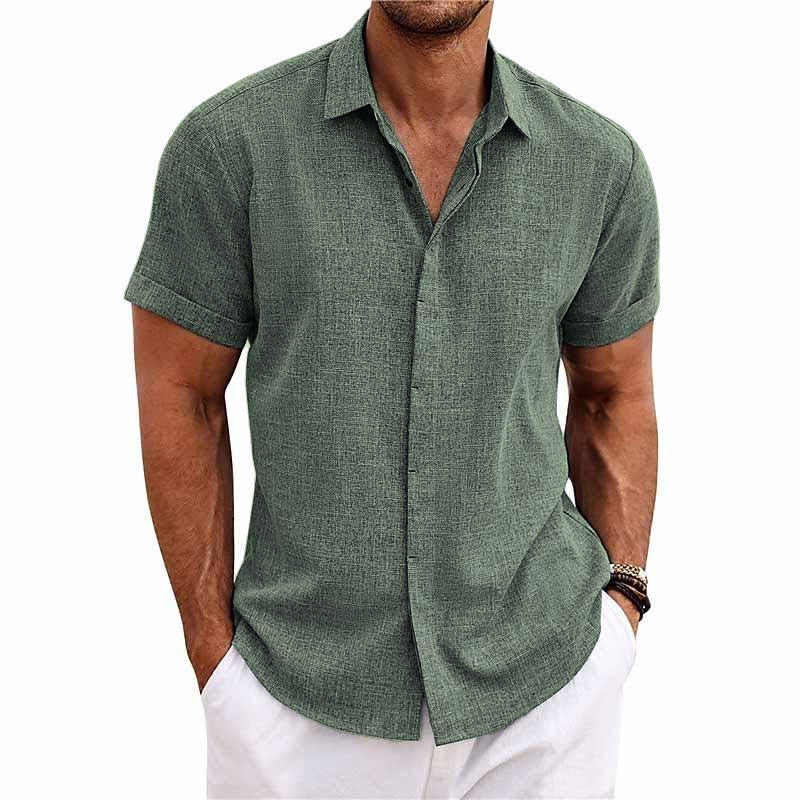 Short Sleeve Shirt for Men, Cotton-Linen Blend  | Relaxed Fit | Army Green