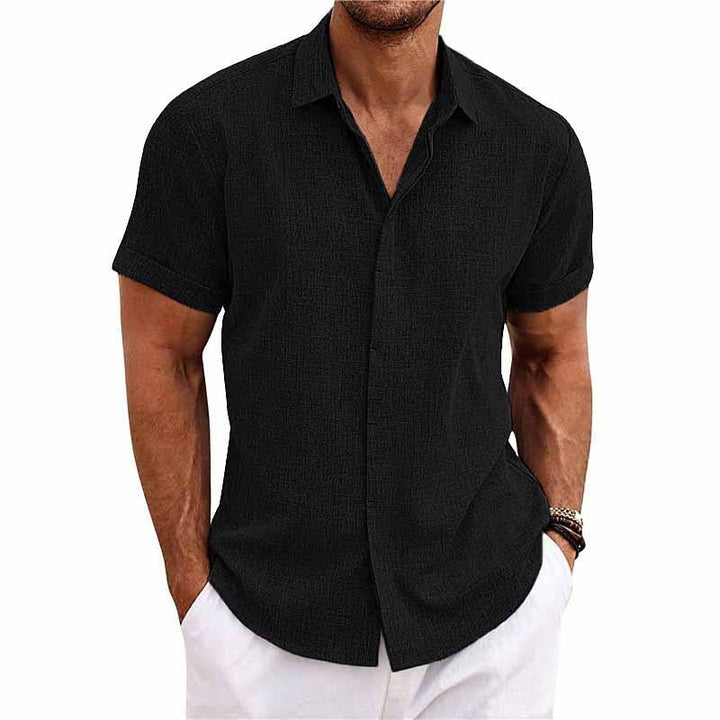 Short Sleeve Shirt for Men, Cotton-Linen Blend  | Relaxed Fit | Black