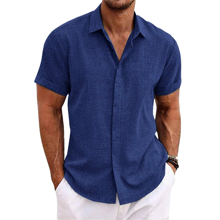 Short Sleeve Shirt for Men, Cotton-Linen Blend  | Relaxed Fit | Dark Blue