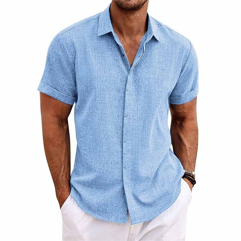 Short Sleeve Shirt for Men, Cotton-Linen Blend  | Relaxed Fit | Light Blue