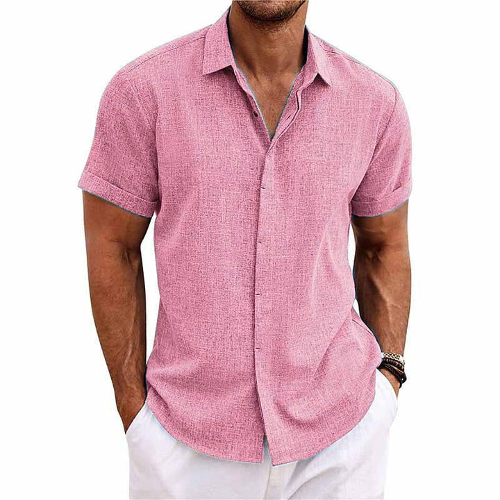 Short Sleeve Shirt for Men, Cotton-Linen Blend  | Relaxed Fit | Pink