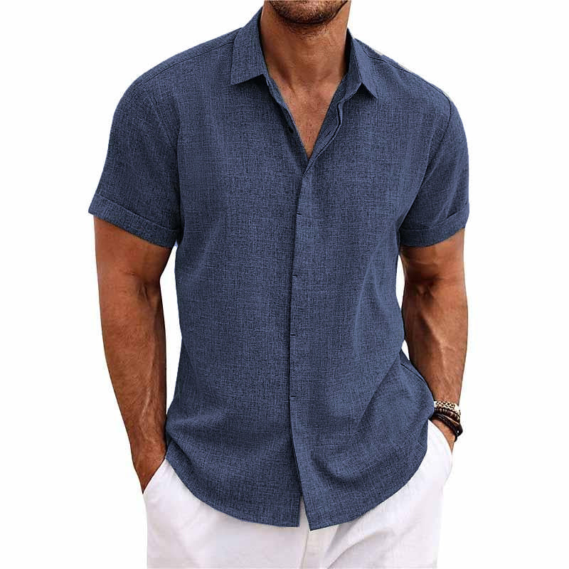 Short Sleeve Shirt for Men, Cotton-Linen Blend  | Relaxed Fit | Royal Blue