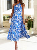 Sleeveless One-Shoulder Maxi Dress | Blue Floral