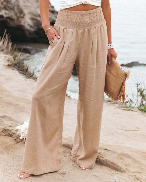 Women's Trousers Summer Fashion Breathable Cotton Linen High Waist Wide Leg Pants