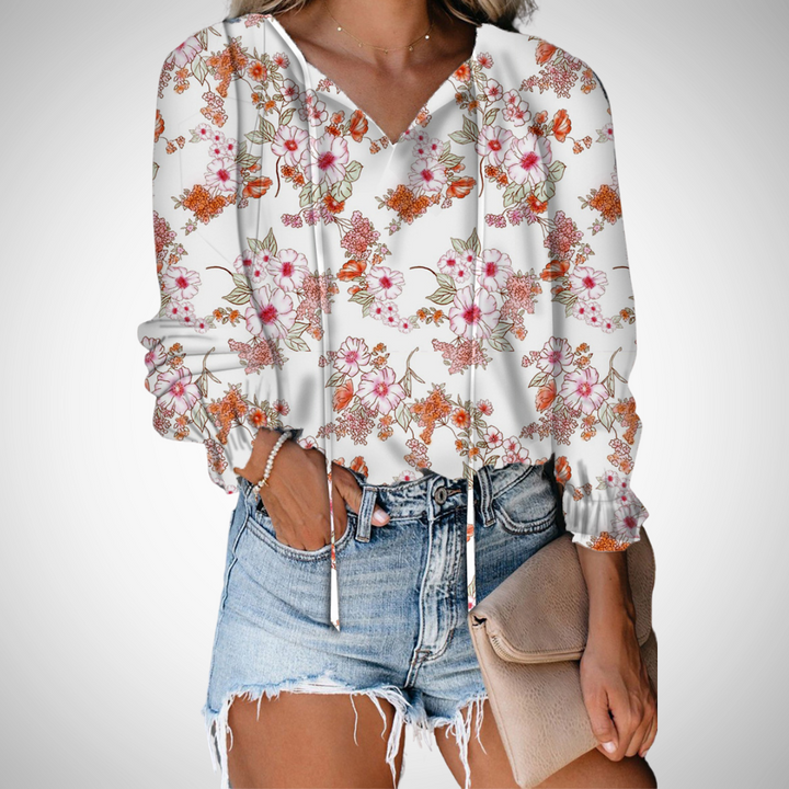 Cotton Blend Printed V-Neck Blouse Long Sleeve Top For Women