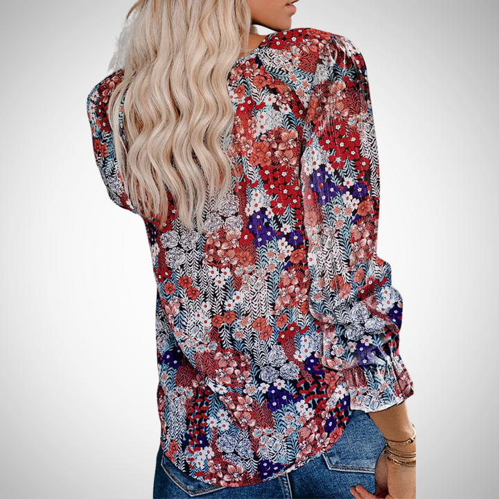Cotton Blend Printed V-Neck Blouse Long Sleeve Top For Women