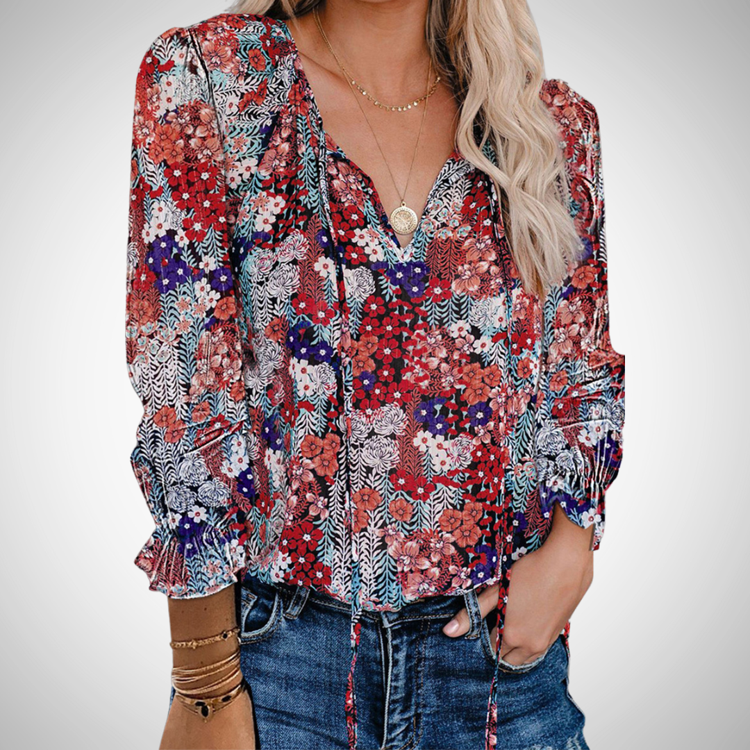Cotton Blend Printed V-Neck Blouse Long Sleeve Top For Women