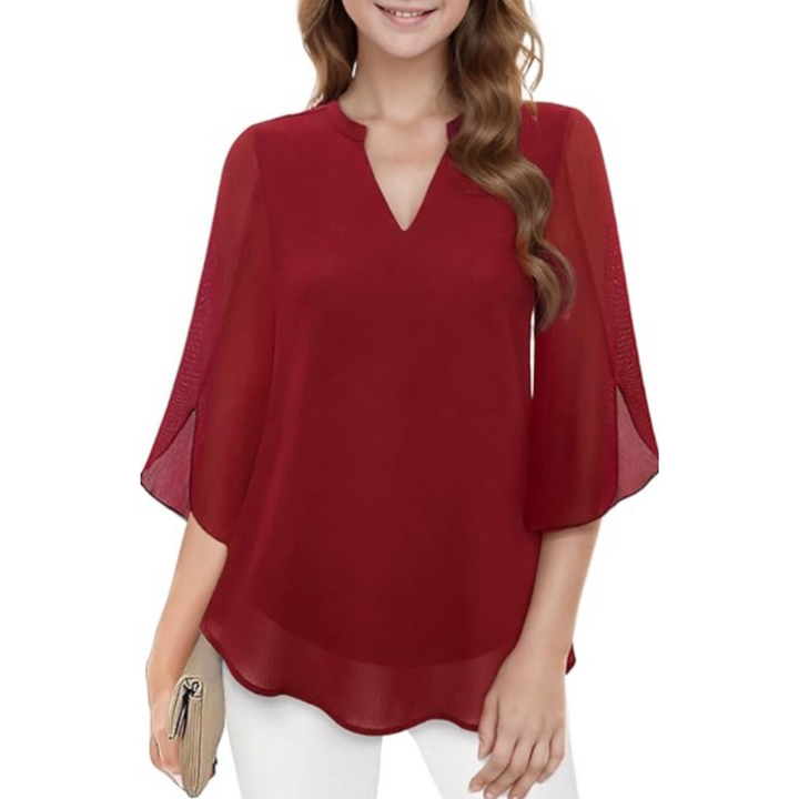 Women's Chiffon V Neck Blouse Summer Petal Sleeve Tunic Top