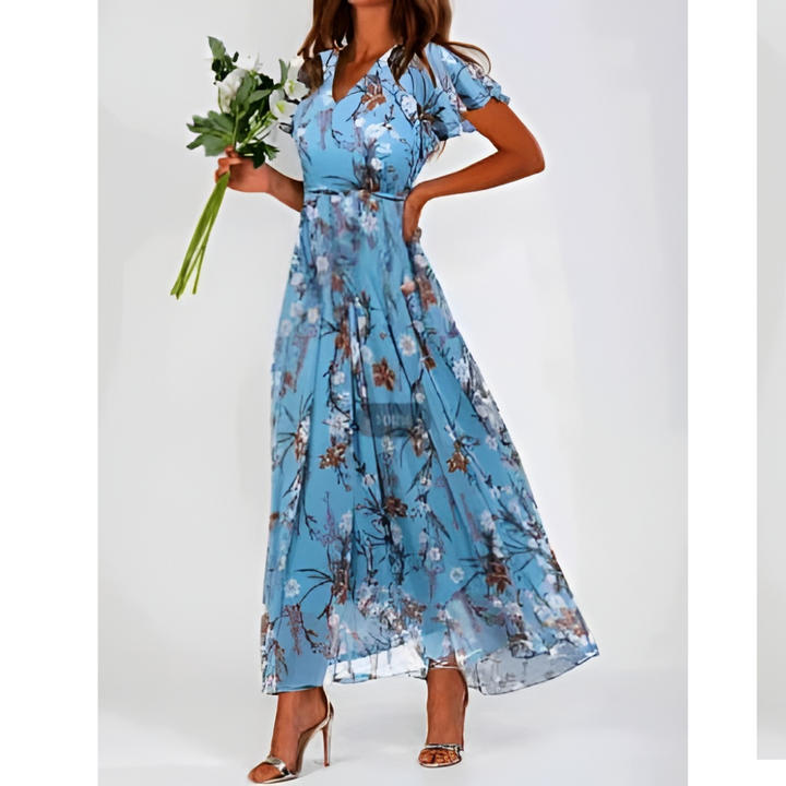 Floral Chiffon Maxi Dress Women's Tiered Ruffle Flutter Sleeve Gown