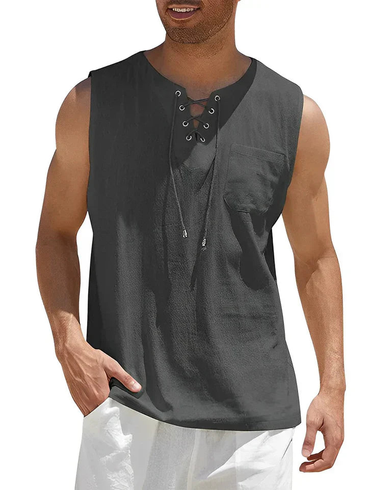 Men's Lace-up Knit Sleeveless Henley Shirt Loose Fit Casual Top