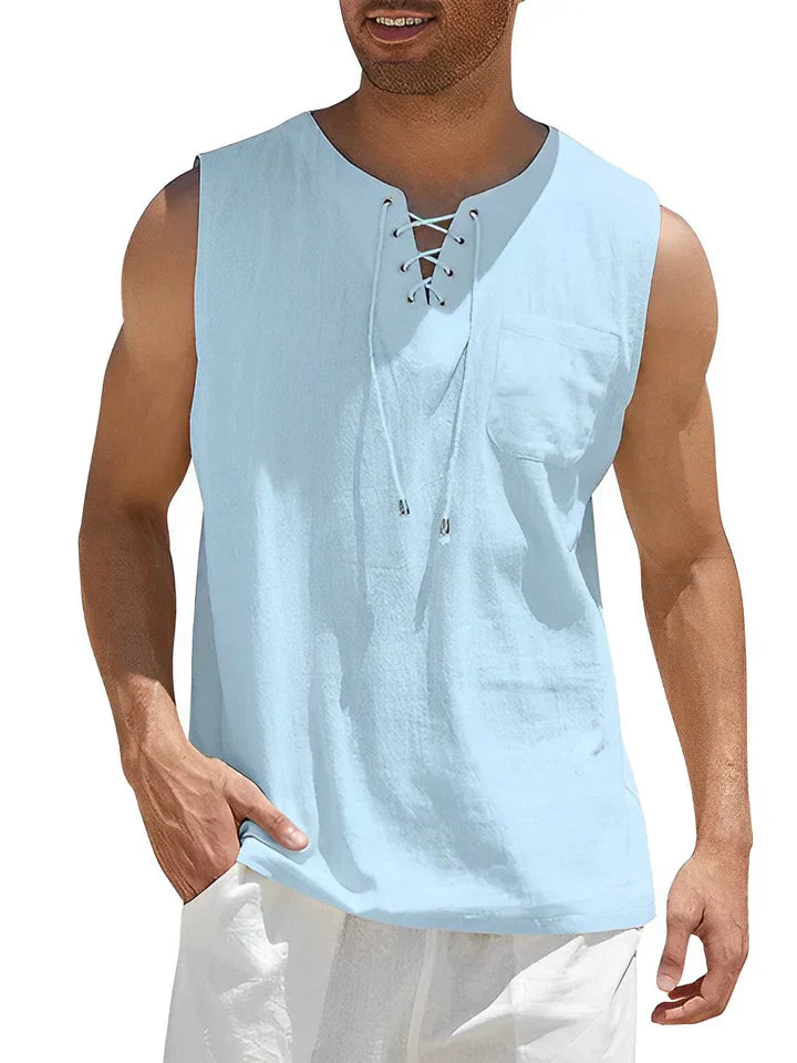 Men's Lace-up Knit Sleeveless Henley Shirt Loose Fit Casual Top