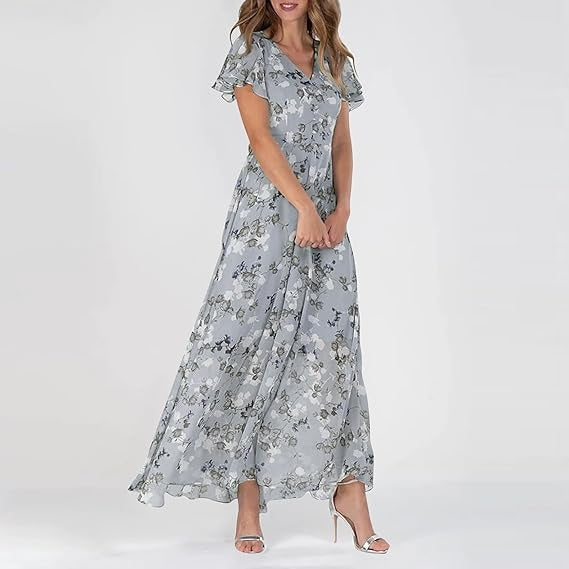 Floral Chiffon Maxi Dress Women's Tiered Ruffle Flutter Sleeve Gown