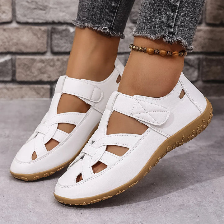 Women's Leather Cutout Sandals Breathable Summer Flat Shoes