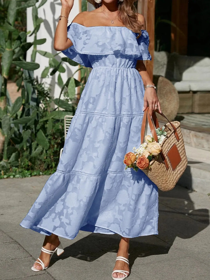 Off-Shoulder Ruched Midi Dress for Summer Wedding Guest